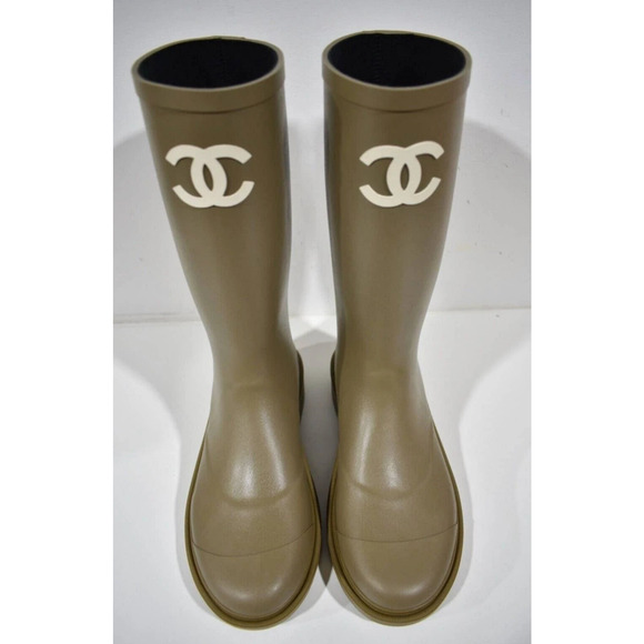 Chanel REV Dark Beige Caoutchouc White CC Logo High Pull On Rubber Rain Boots 36 - Picture 7 of 12